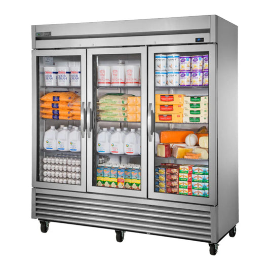 True -FGD01 78.13" TAC Series Stainless Steel and Aluminum Three Section Reach In Refrigerator 3 Left/Right Hinge Glass Doors, 115v/1ph - T-72G-HC