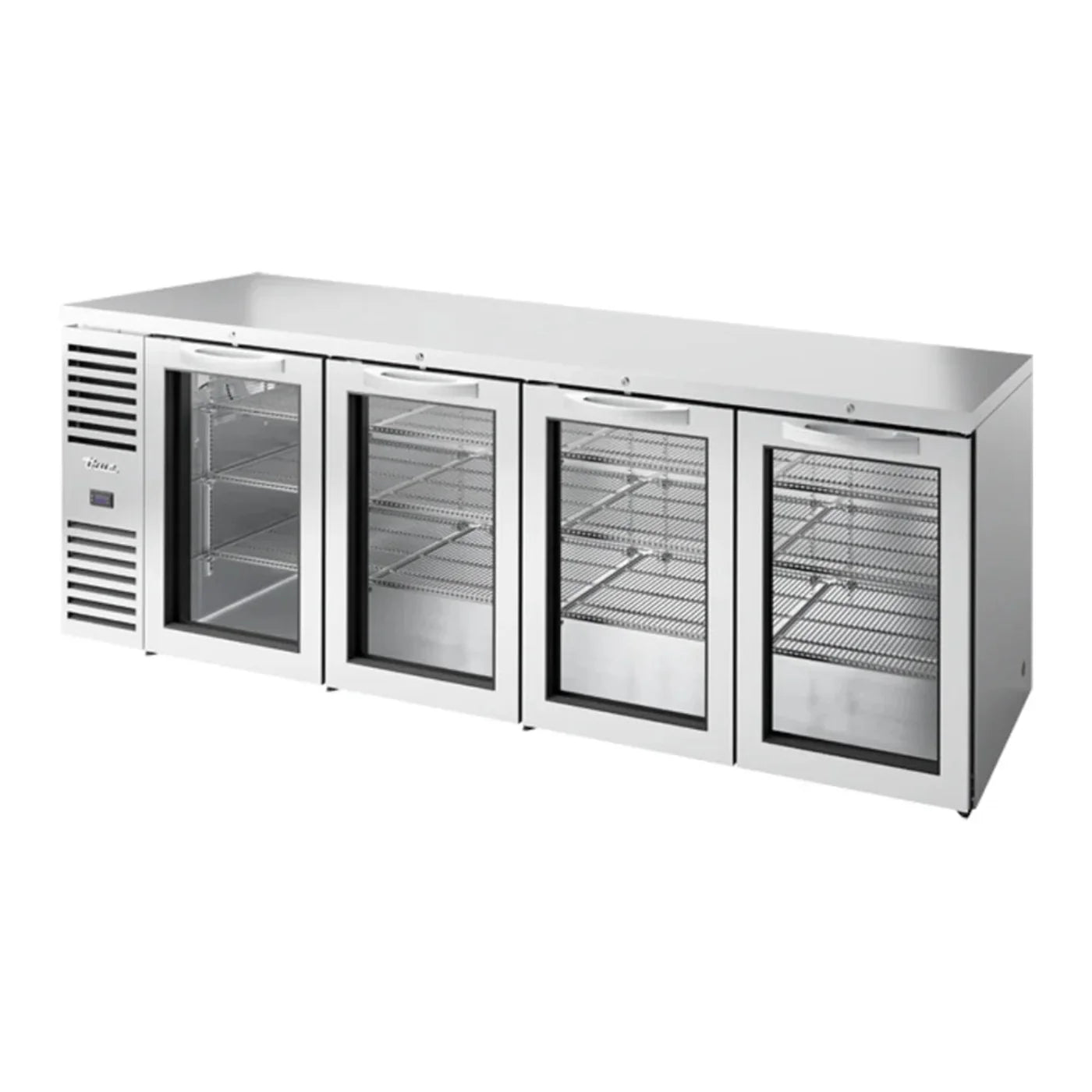 True  108" TBR/TDR Series Stainless Steel Bar Refrigerator 4 Swinging Glass Doors with LED Lighting, Silver, 115v/1ph - TBR108-RISZ1-L-S-GGGG-1