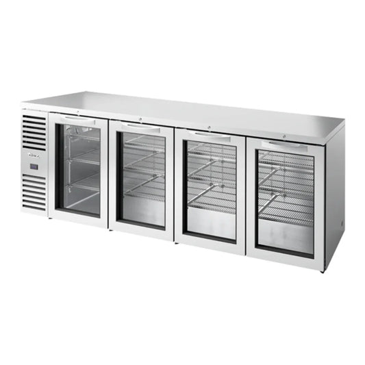 True  108" TBR/TDR Series Stainless Steel Bar Refrigerator 4 Swinging Glass Doors with LED Lighting, Silver, 115v/1ph - TBR108-RISZ1-L-S-GGGG-1