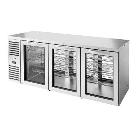 True  84" TBR/TDR Series Stainless Steel Pass-Through Bar Refrigerator with Swinging Glass Doors and LED Lighting, Silver, 115v/1ph - TBR84-PTSZ1-L-S-GGG-GGG-1