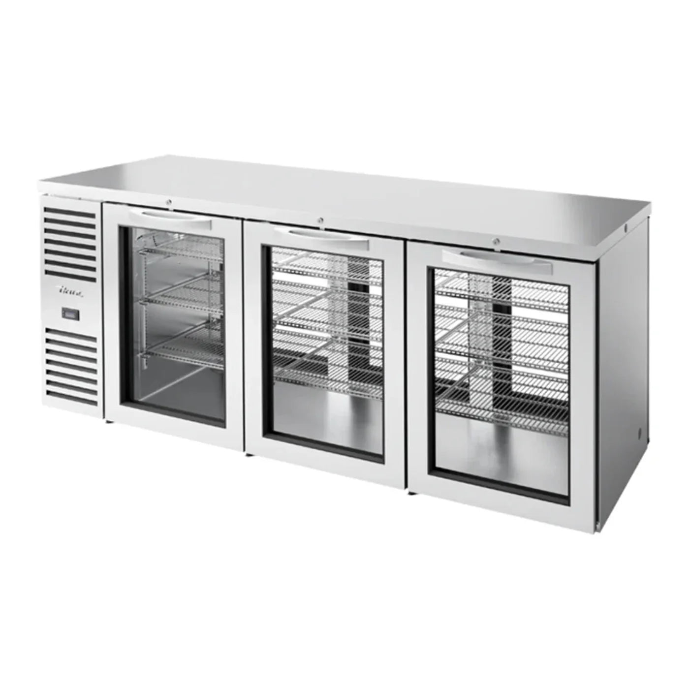 True  84" TBR/TDR Series Stainless Steel Pass-Through Bar Refrigerator with Swinging Glass Doors and LED Lighting, Silver, 115v/1ph - TBR84-PTSZ1-L-S-GGG-GGG-1