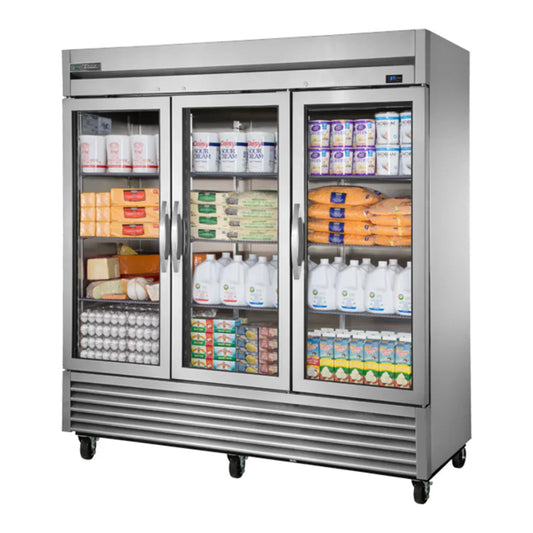 True  78 1/8" Stainless Steel Three Section Reach In Refrigerator 3 Left/Right Hinge Glass Doors, 115v/1ph - TS-72G-HC-FGD01