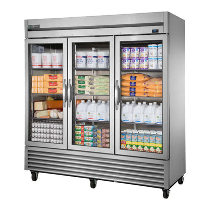 True  78 1/8" Stainless Steel Three Section Reach In Refrigerator 3 Left/Right Hinge Glass Doors, 115v/1ph - TS-72G-HC-FGD01