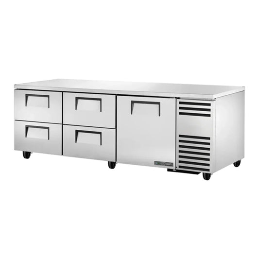 True  93 1/4" Stainless Steel and Aluminum Undercounter Refrigerator with 3 Sections, 1 Door and 4 Drawers, Silver, 115v/1ph - TUC-93D-4-HC