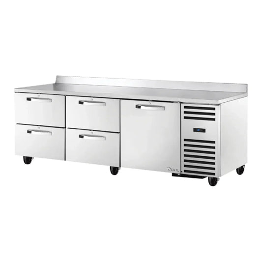 True  93" TUC/TWT Series Stainless Steel Worktop Refrigerator with Four Drawers, One Door, and 3 9/16" Backsplash, Silver,115/1ph - TWT-93D-4-HC