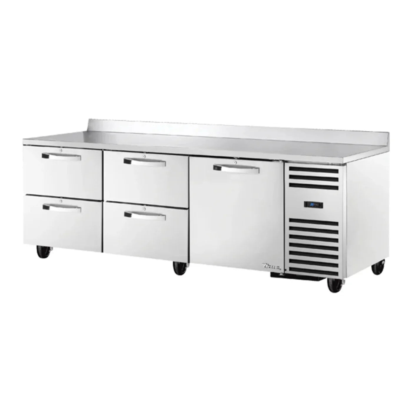 True  93" TUC/TWT Series Stainless Steel Worktop Refrigerator with Four Drawers, One Door, and 3 9/16" Backsplash, Silver,115/1ph - TWT-93D-4-HC