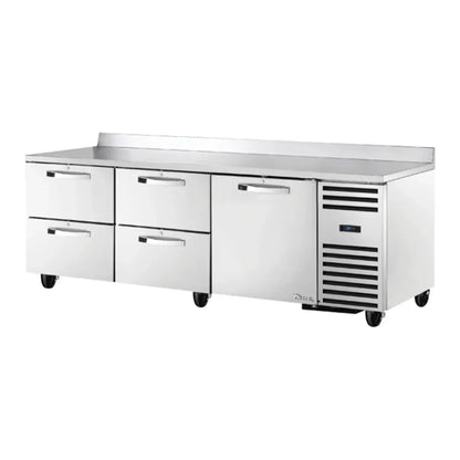 True  93" TUC/TWT Series Stainless Steel Worktop Refrigerator with Four Drawers, One Door, and 3 9/16" Backsplash, Silver,115/1ph - TWT-93D-4-HC