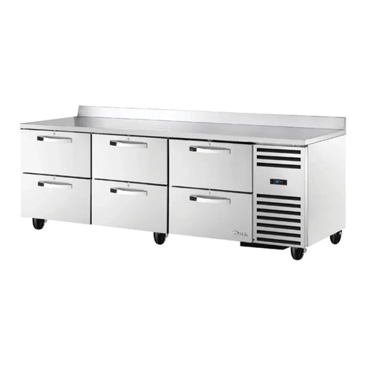 True  93" TUC/TWT Series Stainless Steel Worktop Refrigerator with 3 Sections, 6 Drawers and with 3 9/16" Backsplash, Silver,115v/1ph - TWT-93D-6-HC