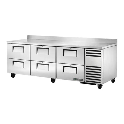 True  93 1/4" TUC/TWT Series Stainless Steel Deep Worktop Refrigerator with Six Drawers and 3 9/16" Backsplash, Silver,115v/1ph - TWT-93D-6-HC