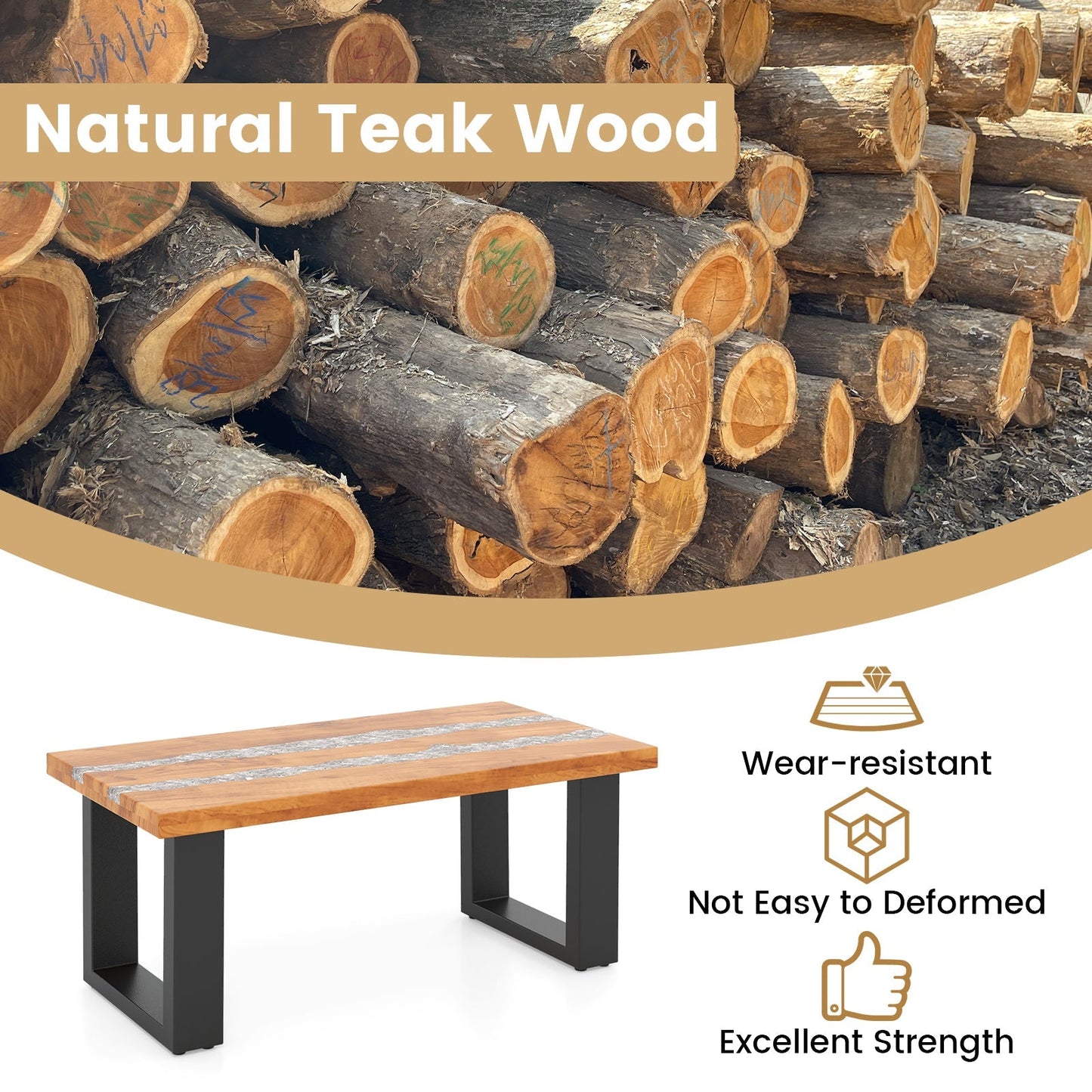 Costway Teak Wood Coffee Table with River Epoxy Tabletop New - JV11846