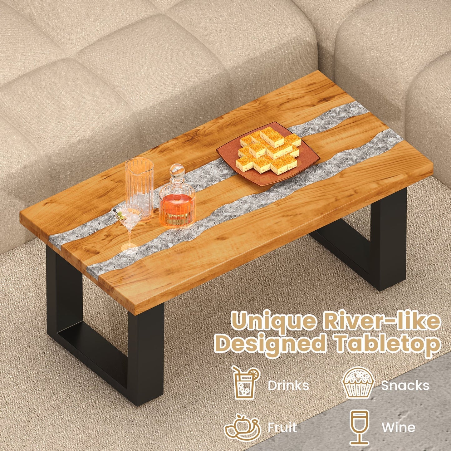 Costway Teak Wood Coffee Table with River Epoxy Tabletop New - JV11846