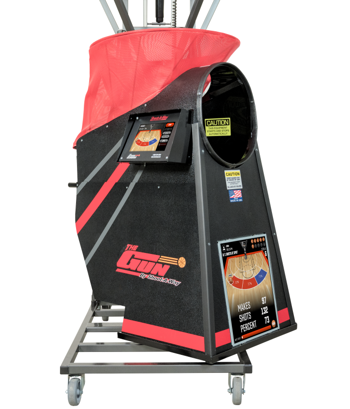 The Gun 12K by Shoot-A-Way is the most advanced shooting machine in the world. Complete with a fully interactive touchscreen with over 200 programmable locations and a 19″ front display for instant feedback, drill instruction, and much more.  The Gun 12K has numerous colors and variations to truly make it your custom shooting machine.  Shootaway has been the top shooting machine manufacturer selling over 26,000 shooting machines since its beginning.  These machines are made in the USA.