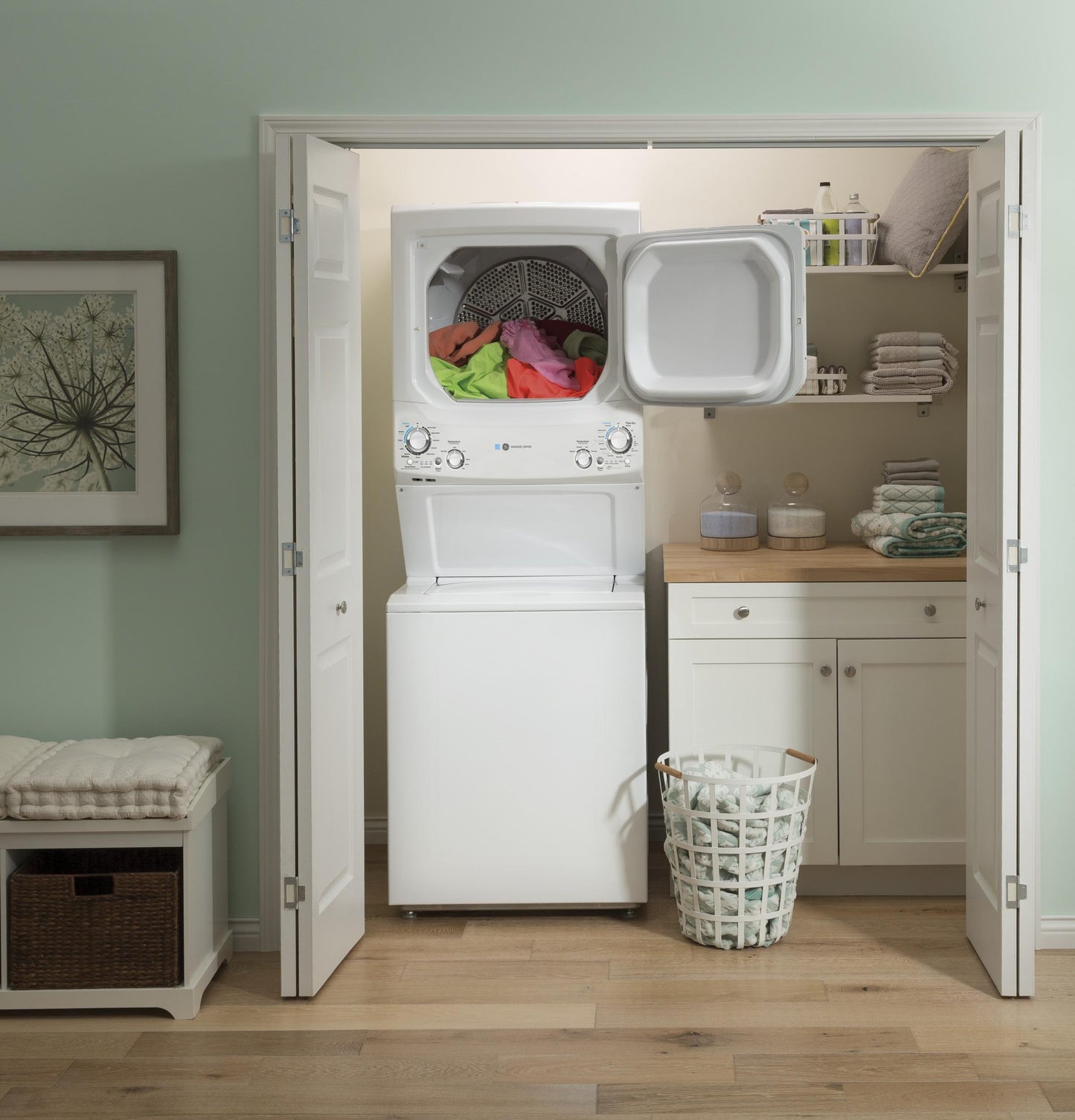 GE Unitized Spacemaker Washer & Electric Dryer, 3.8 cu. ft. Washer - GUD27ESSMWW-KT