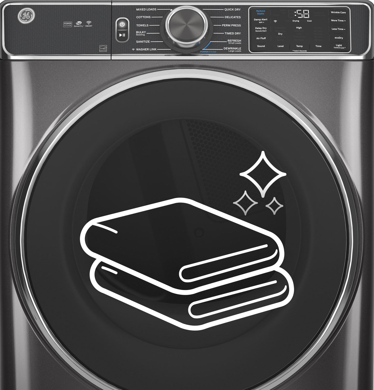 GE APPLIANCES GFD65ESSVWW GE(R) 7.8 cu. ft. Capacity Smart Front Load Electric Dryer with Steam and Sanitize Cycle - GFD65ESSVWW-KT