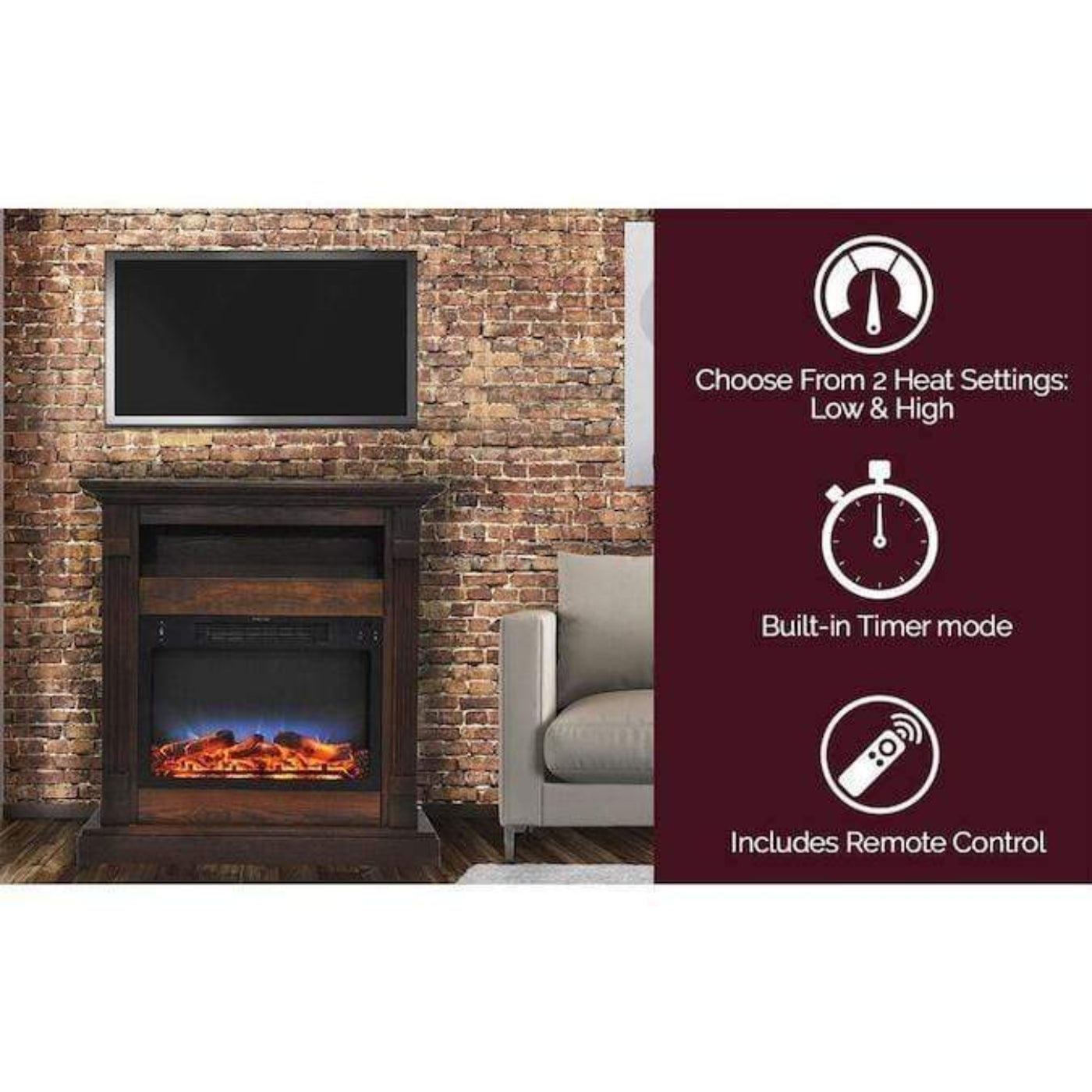 Cambridge Sienna 34 In. Electric Fireplace w/ Multi-Color LED Insert and Walnut Mantel - CAM3437-1WALLED