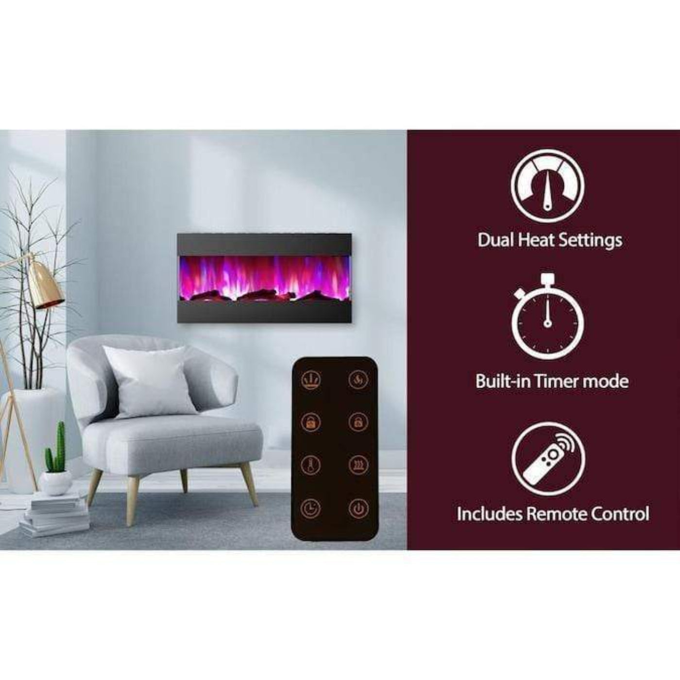 Cambridge 42 In. Recessed Wall Mounted Electric Fireplace with Logs and LED Color Changing Display, Black - CAM42RECWMEF-2BLK
