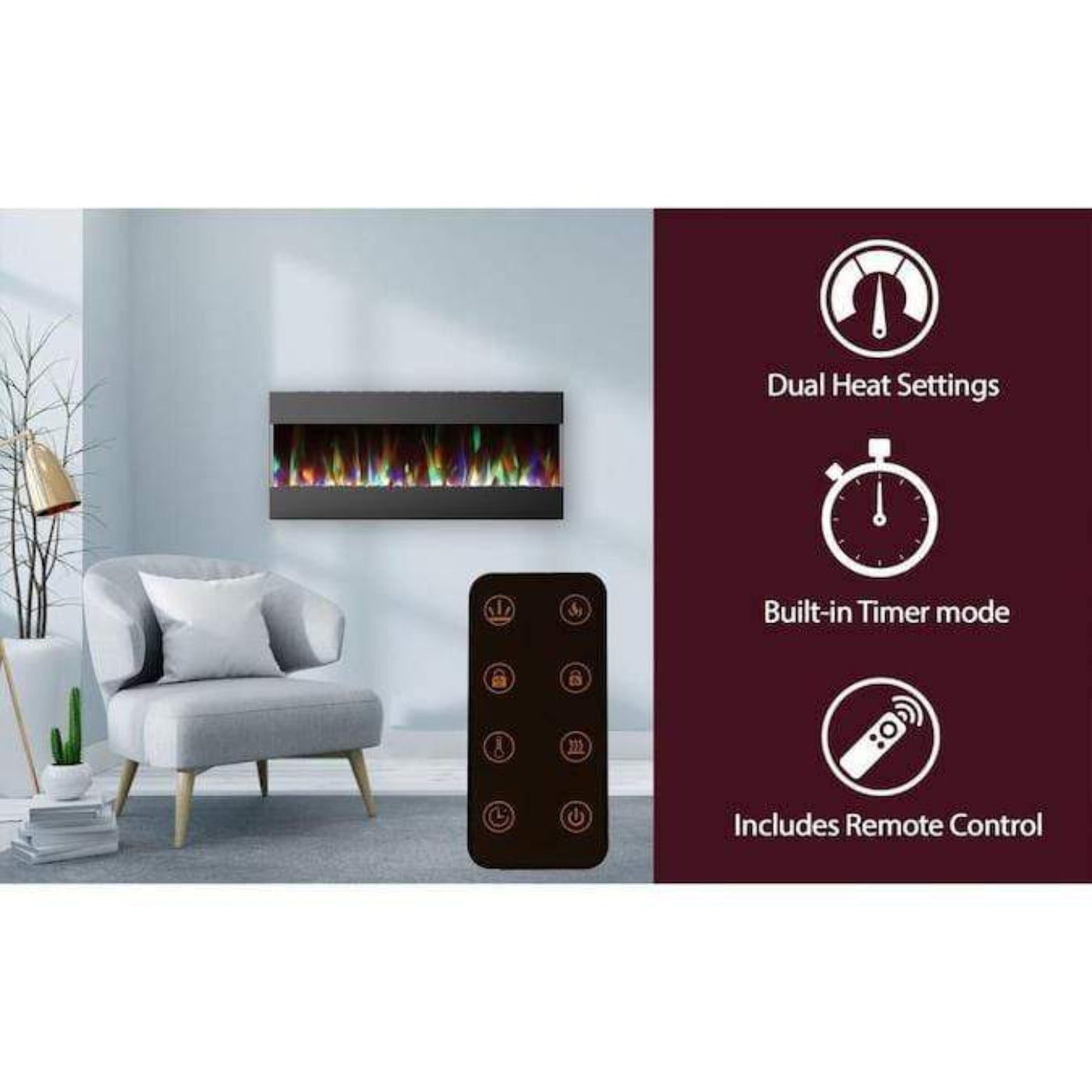Cambridge 60 In. Recessed Wall-Mounted Electric Fireplace with Crystal and LED Color Changing Display, Black/White - CAM60RECWMEF-1WHT