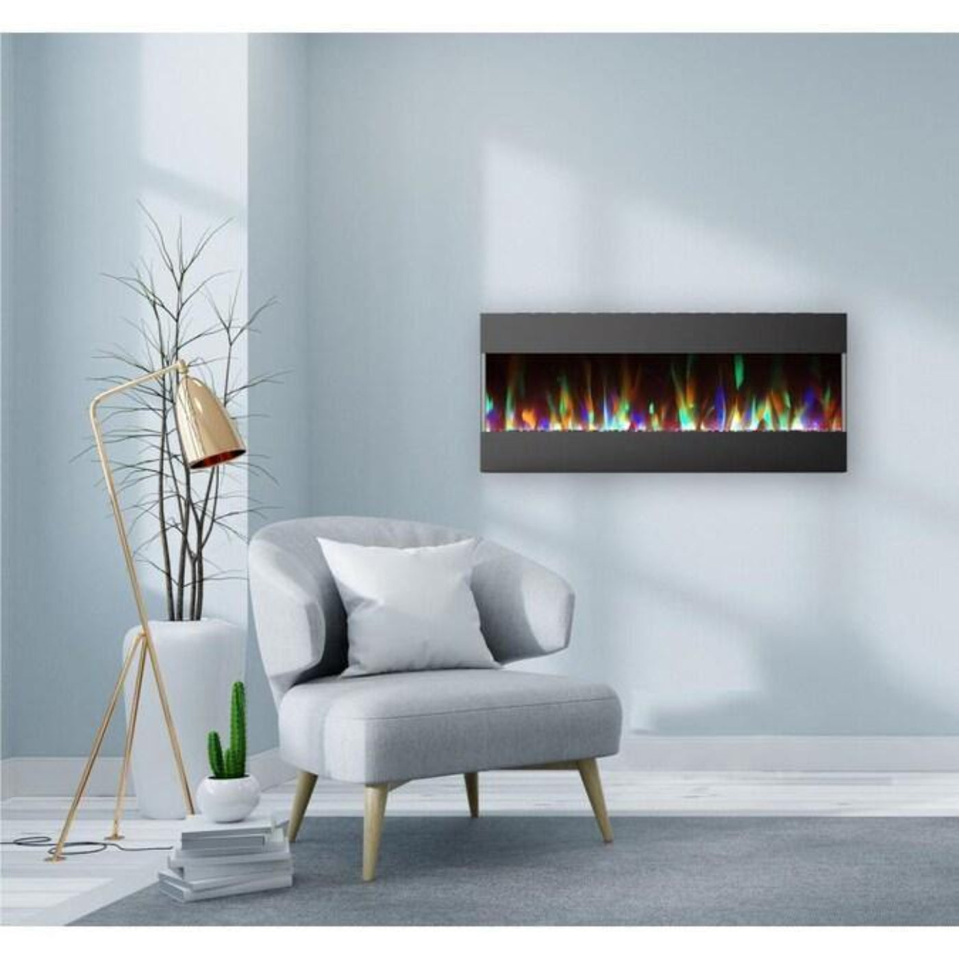 Cambridge 60 In. Recessed Wall-Mounted Electric Fireplace with Crystal and LED Color Changing Display, Black/White - CAM60RECWMEF-1WHT