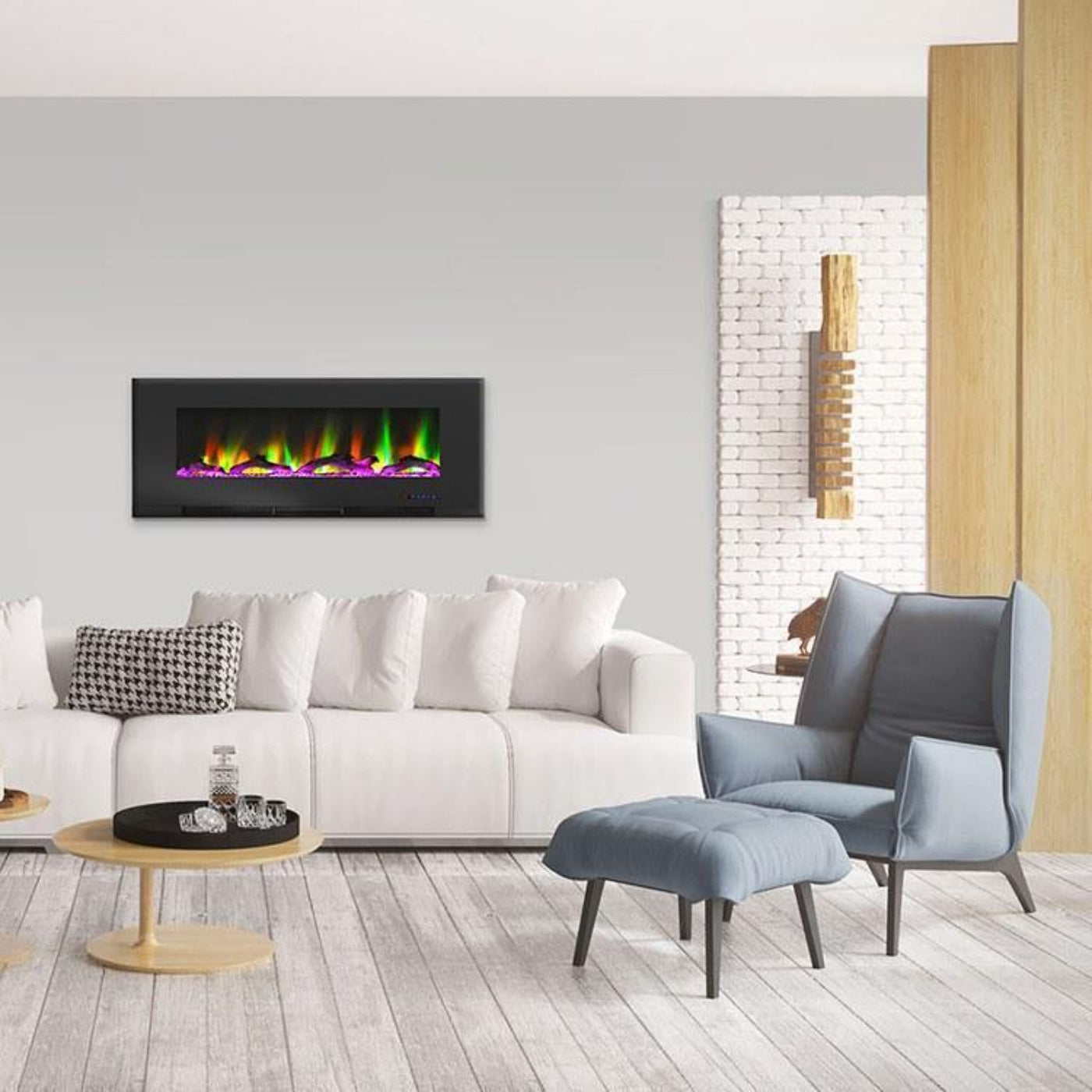 Cambridge 50 In. Wall-Mount Electric Fireplace in Black with Multi-Color Flames and Crystal Rock Display, - CAM50WMEF-2BLK