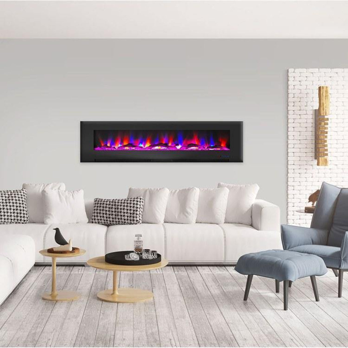 Cambridge 78 In. Wall-Mount Electric Fireplace in Black with Multi-Color Flames and Driftwood Log Display - CAM78WMEF-2BLK