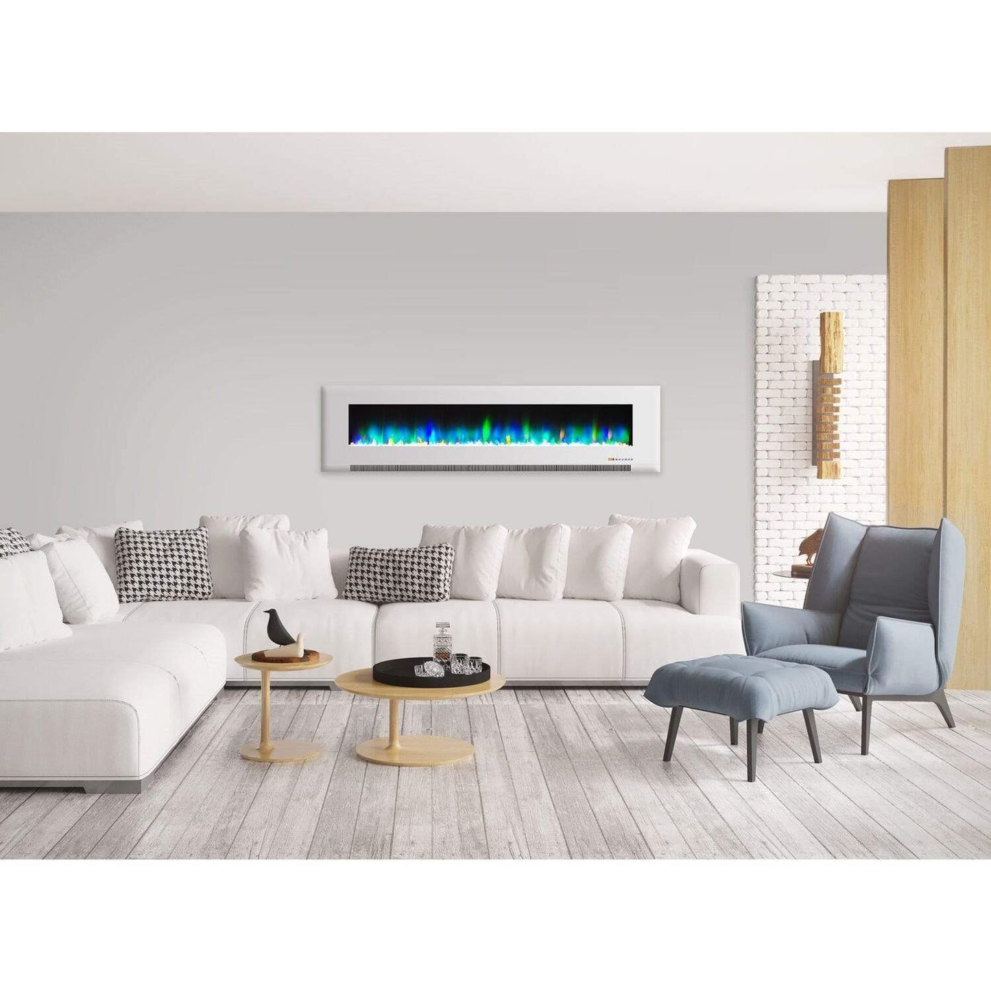 Cambridge 78 In. Wall-Mount Electric Fireplace in White with Multi-Color Flames and Crystal Rock Display - CAM78WMEF-1WHT