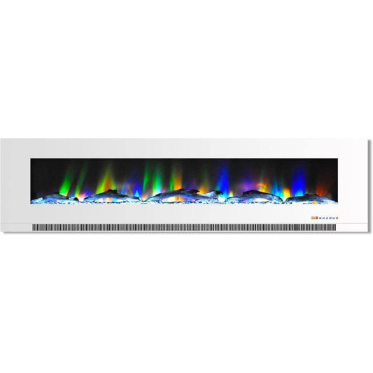 Cambridge 78 In. Wall-Mount Electric Fireplace in White with Multi-Color Flames and Driftwood Log Display - CAM78WMEF-2WHT