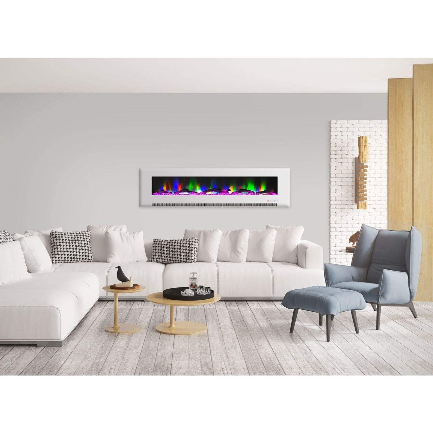 Cambridge 78 In. Wall-Mount Electric Fireplace in White with Multi-Color Flames and Driftwood Log Display - CAM78WMEF-2WHT