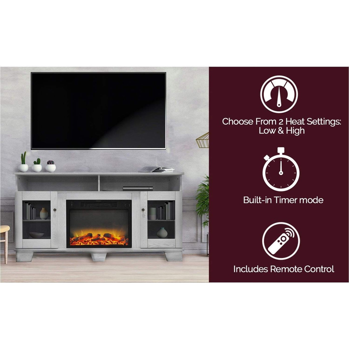 Cambridge Savona 59 In. Electric Fireplace in White with Entertainment Stand and Enhanced Log Display - CAM6022-1WHTLG2