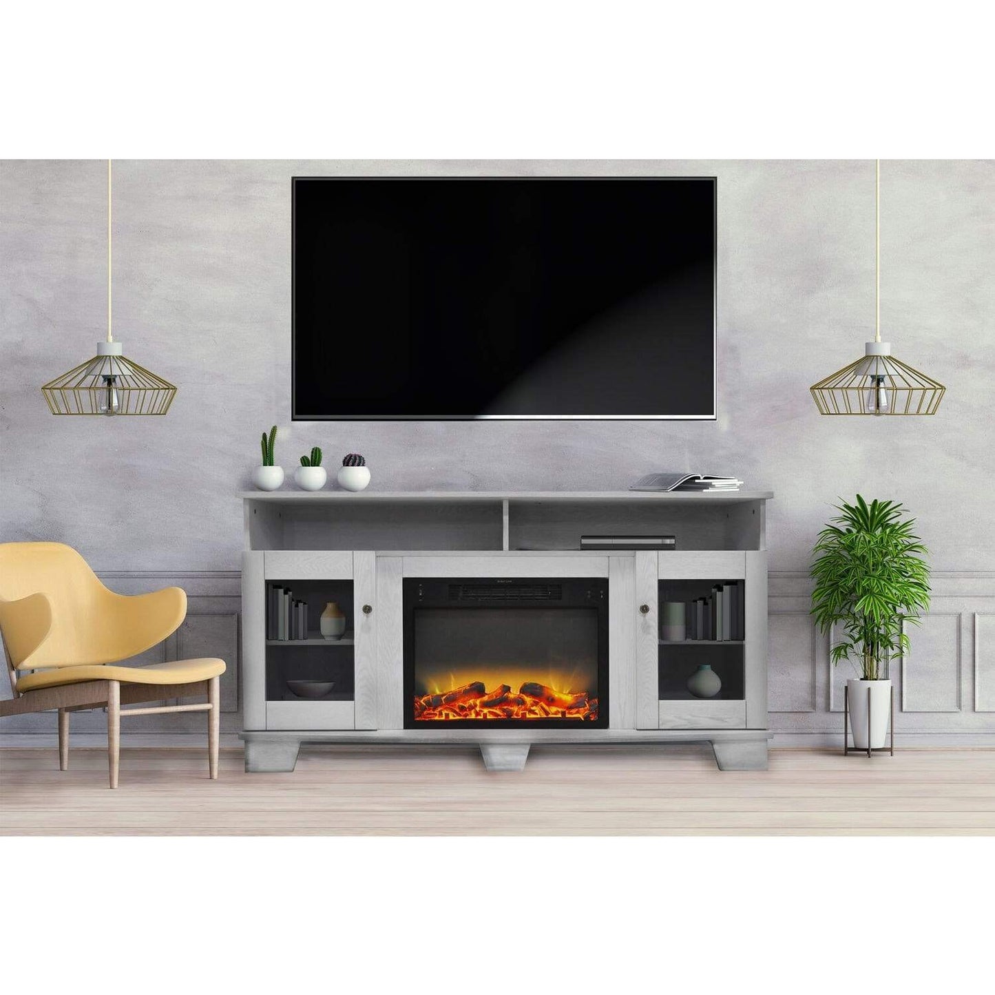 Cambridge Savona 59 In. Electric Fireplace in White with Entertainment Stand and Enhanced Log Display - CAM6022-1WHTLG2