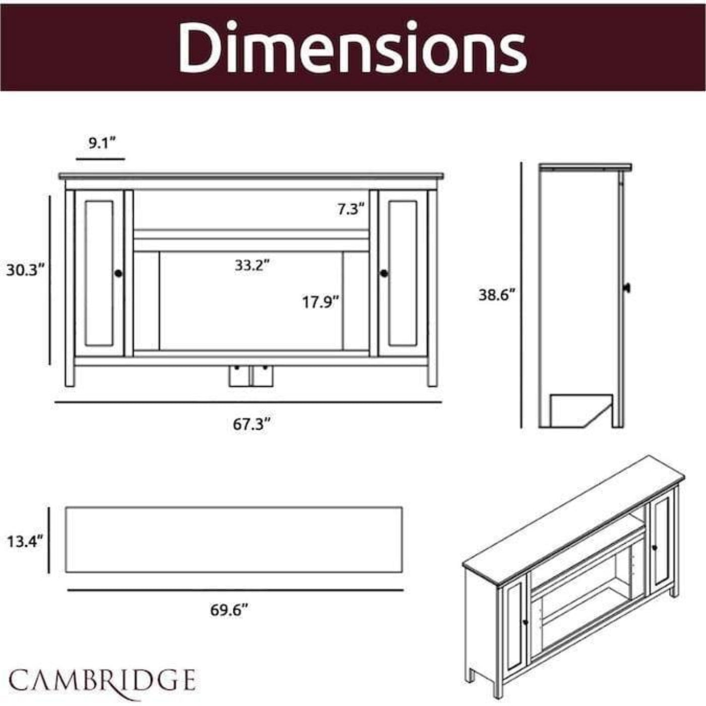 Cambridge Somerset 70-In. Electric Fireplace TV Stand with Multi-Color LED Flames, Driftwood Log Display, and Remote Control - CAM6938-2COF