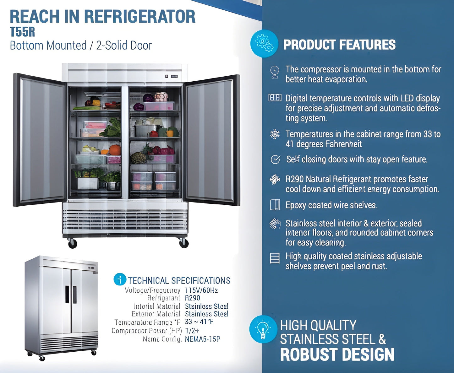 Chef AAA -Commercial 55" Reach-In Refrigerator Solid 2 Door 40 cu.ft. NSF - T55R