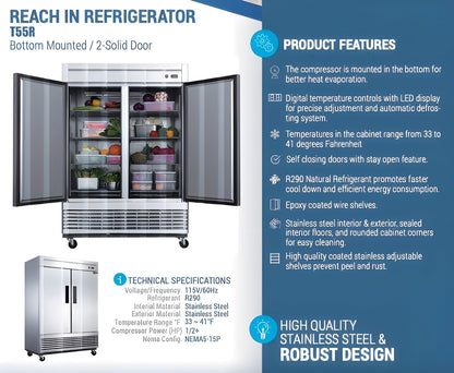 Chef AAA -Commercial 55" Reach-In Refrigerator Solid 2 Door 40 cu.ft. NSF - T55R
