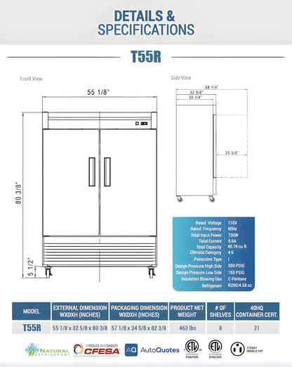 Chef AAA - Commercial 55" Reach-In Refrigerator Solid 2 Door 40 cu.ft. NSF - Chef AAA