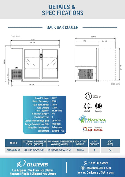 Chef AAA -  Commercial 49" Glass Door Back Bar Refrigerator 11.2 cu.ft. - TBB-48G-HC