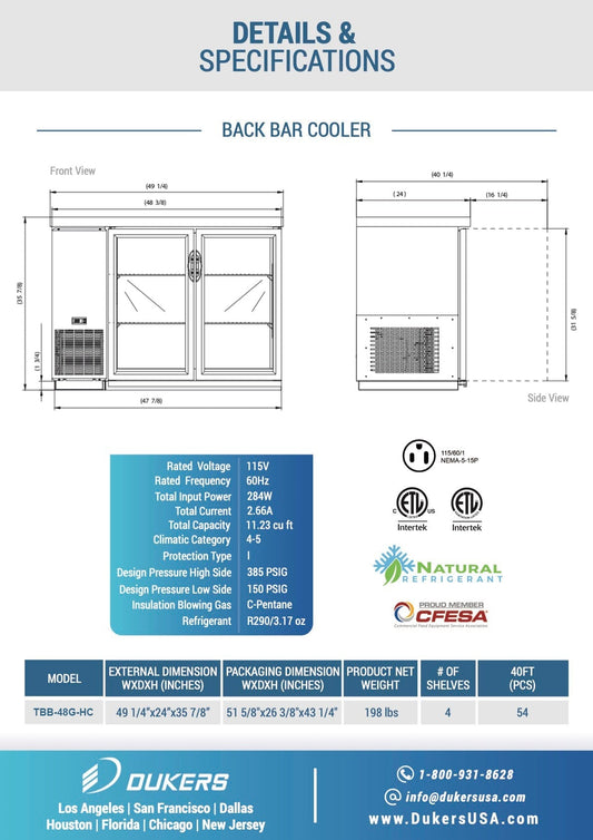 Chef AAA -  Commercial 49" Glass Door Back Bar Refrigerator 11.2 cu.ft. - TBB-48G-HC