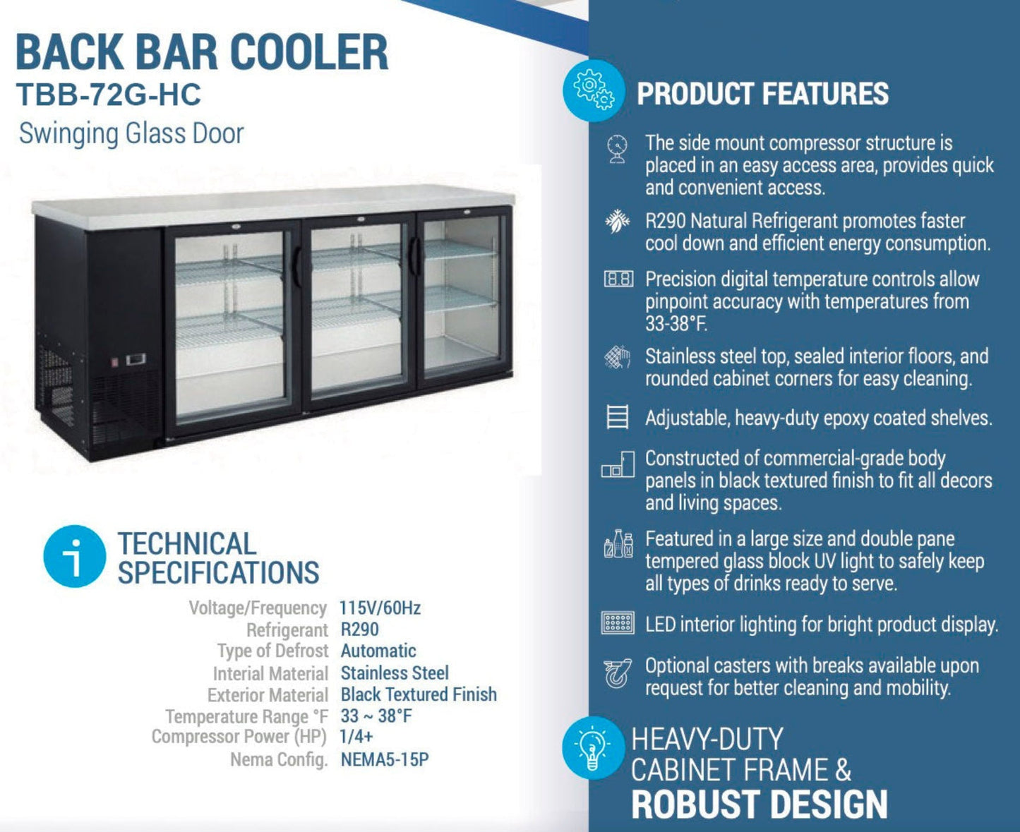 Chef AAA Commercial 73" Glass Door Back Bar Refrigerator 19.2 cu.ft. - TBB-72G-HC