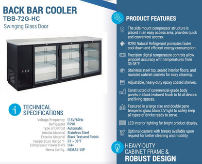 Chef AAA Commercial 73" Glass Door Back Bar Refrigerator 19.2 cu.ft. - TBB-72G-HC