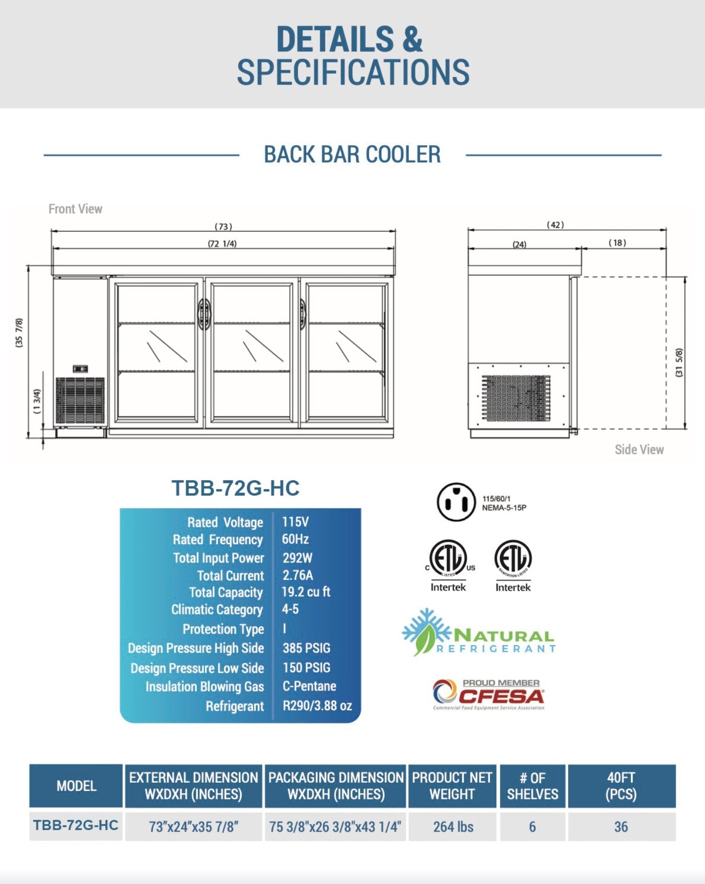 Chef AAA Commercial 73" Glass Door Back Bar Refrigerator 19.2 cu.ft. - TBB-72G-HC