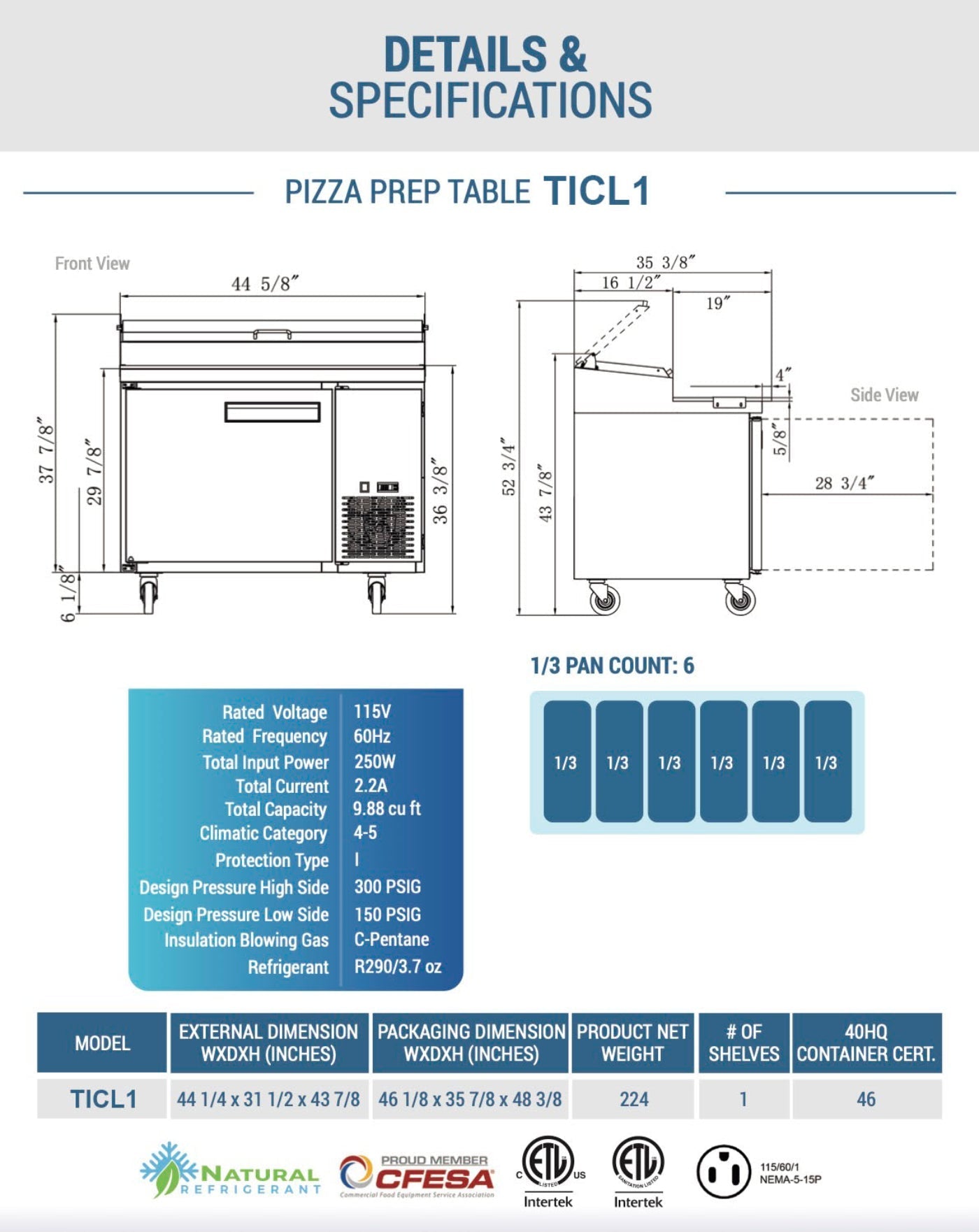 Chef AAA 44" Commercial Sandwich Prep Table Refrigerator 6 Pans 1 Door Stainless Steel 9.8 cu.ft. - TICL1-HC