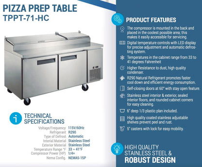 Chef AAA Commercial 70" Pizza Prep Table Refrigerator 9 Pans 2 Door Stainless Steel 17.5 cu.ft. - TPPT-70-HC