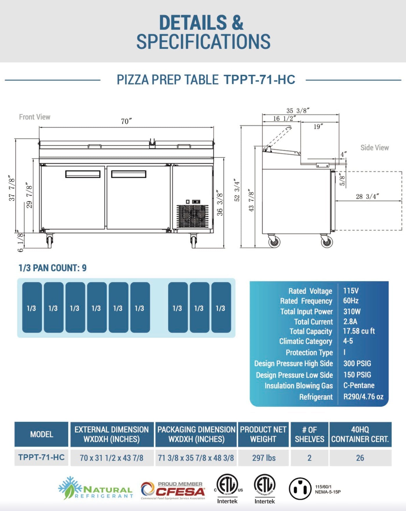 Chef AAA Commercial 70" Pizza Prep Table Refrigerator 9 Pans 2 Door Stainless Steel 17.5 cu.ft. - TPPT-70-HC