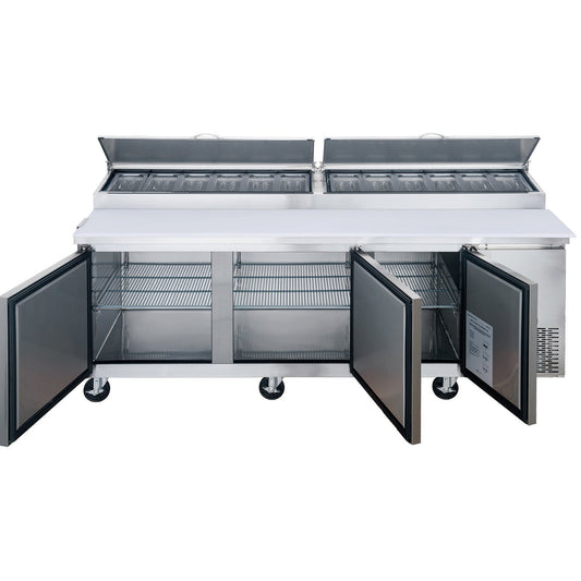 Chef AAA Commercial 90" Pizza Prep Table Refrigerator 12 Pans 3 Door Stainless Steel 24.8 cu.ft. - TICL3-HC