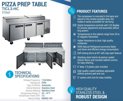 Chef AAA Commercial 90" Pizza Prep Table Refrigerator 12 Pans 3 Door Stainless Steel 24.8 cu.ft. - TICL3-HC