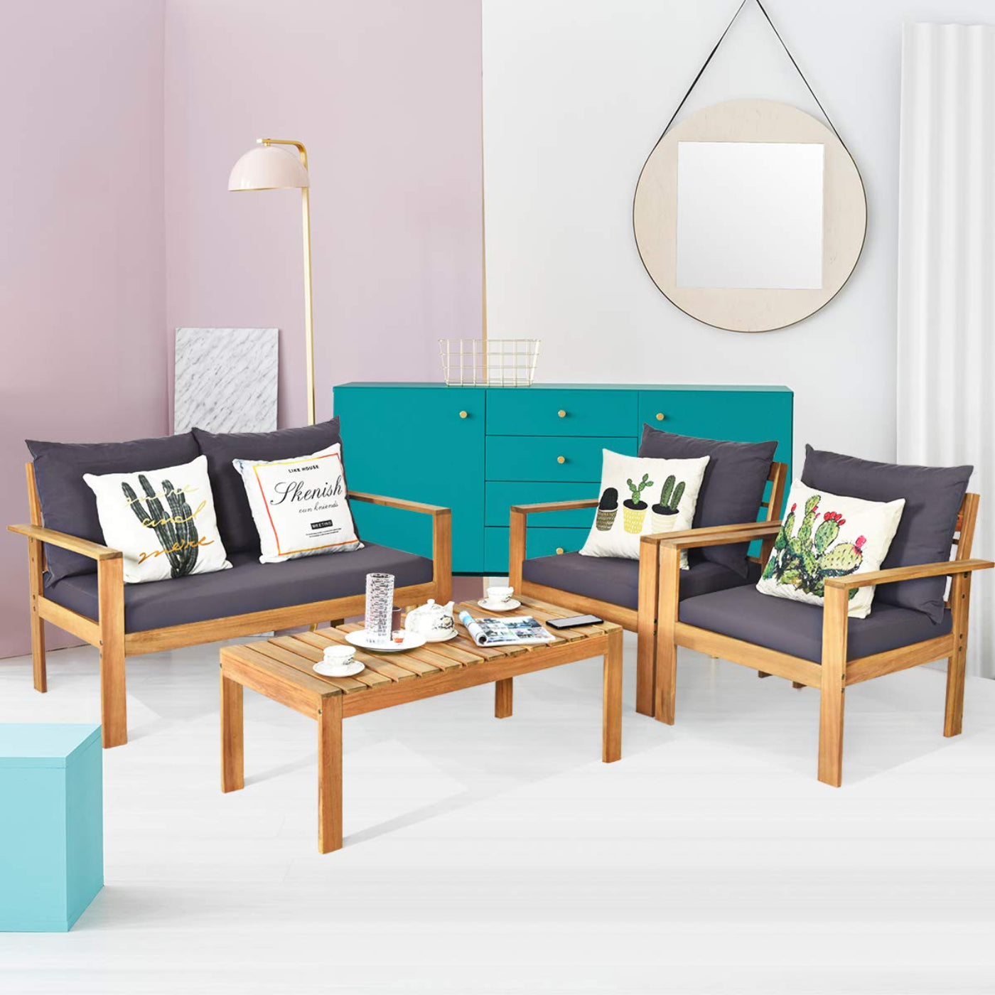 Tangkula Outdoor Conversation Sofa and Table Set with Water Resistant Cushions - HW64146+