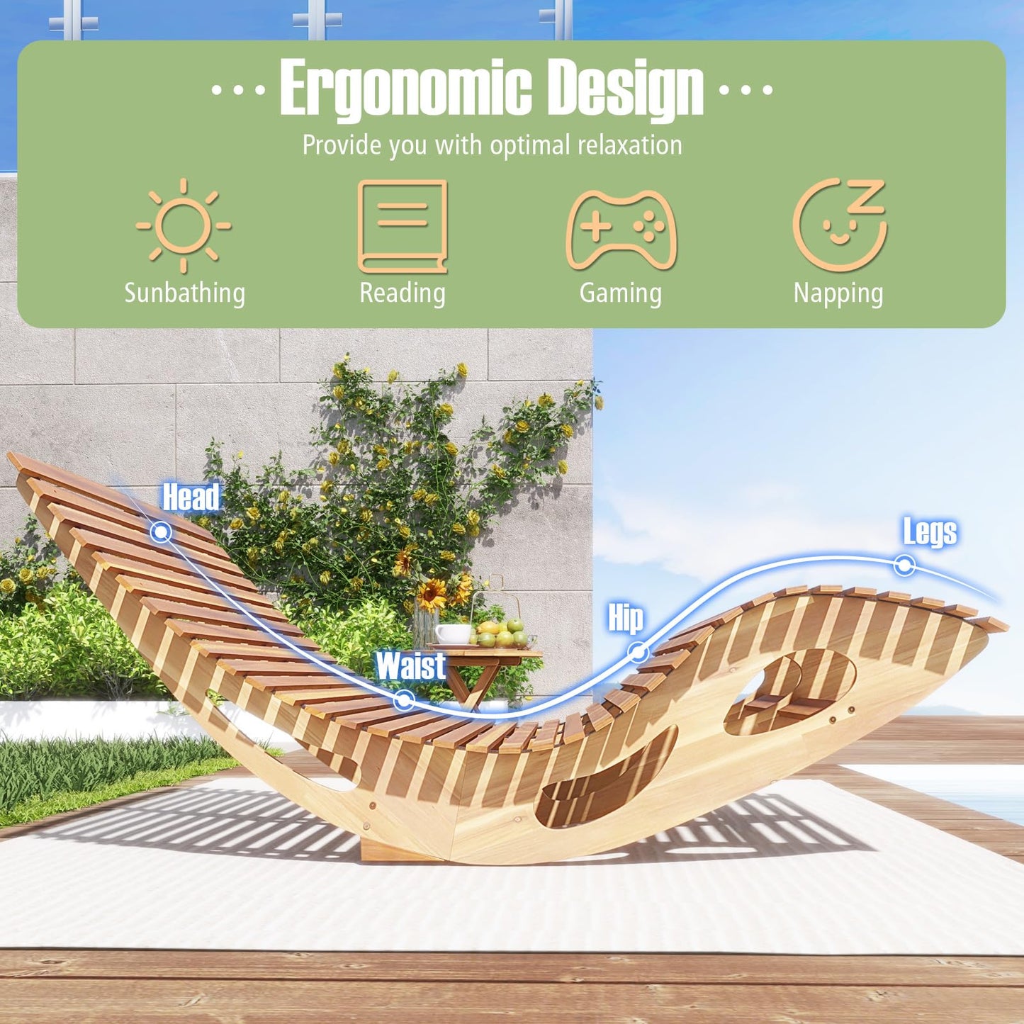 Tangkula Outdoor Double Chaise Lounge Chair, Acacia Wood Rocking Sunbed with Slatted Backrest and Seat - NP12023