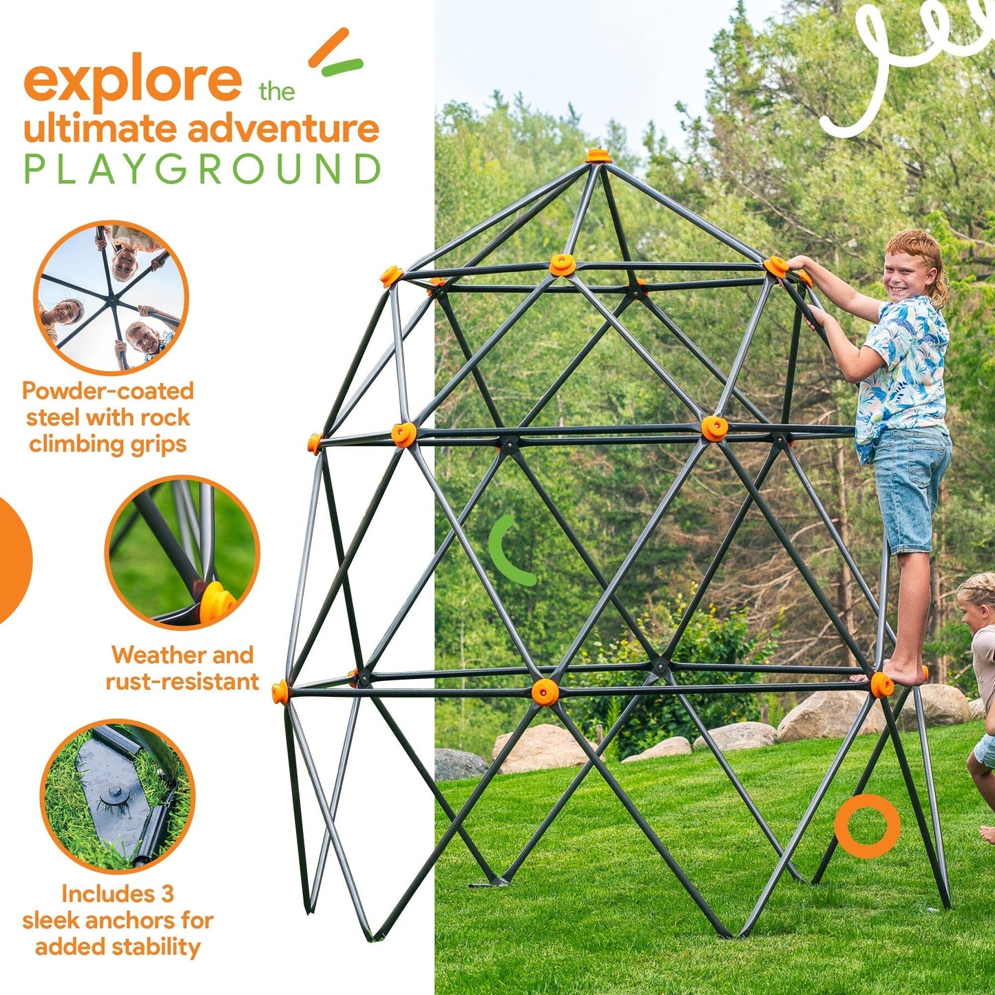 Gobaplay Large Powder Coated Steel Geometric Climbing Dome with 3 Sleek Anchors - 326416