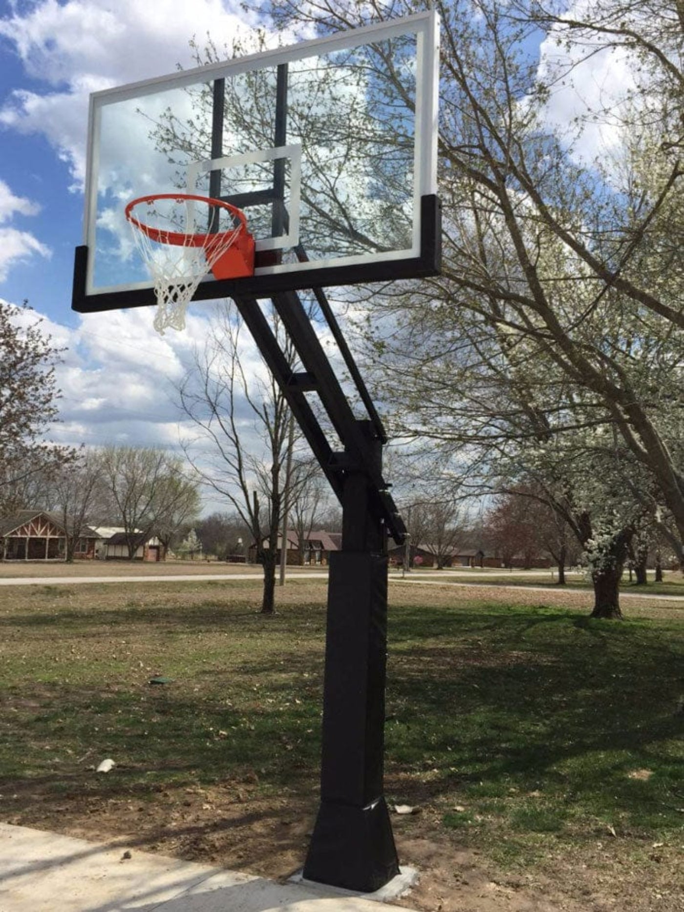 Ironclad 72" Triple Threat Adjustable Height Basketball Hoop TPT684-XXL The Triple Threat TPT684-XXL is a standout design.  If you want to play on the same size the pros play on, now is your chance!  This unit features an extra rigid 6"x8" post that is much thicker than in store brands. The unit includes a double spring assist which means you get twice the lifting power when cranking the backboard so any age can raise and lower the rim.