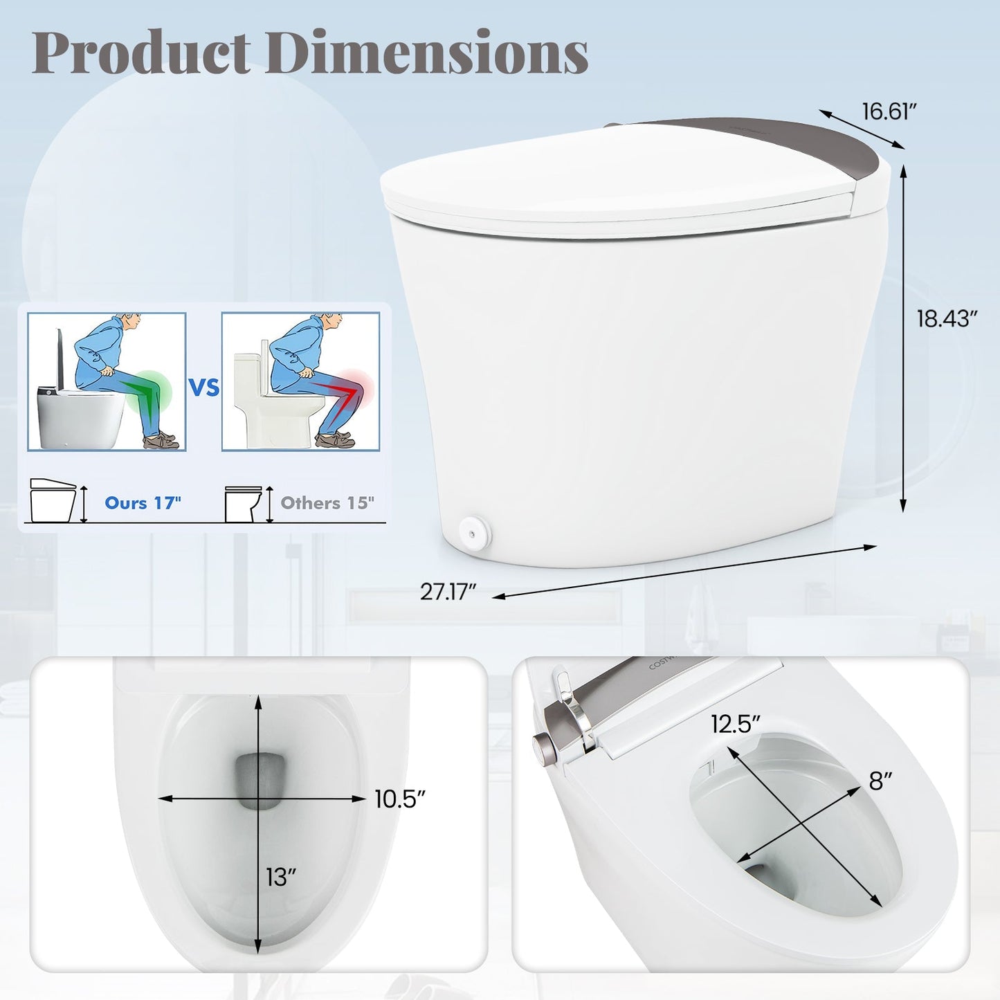 Costway Elongated Smart Toilet Bidet 1.16 GPF Auto Open Lid Heated Seat New - BA8186US-WH