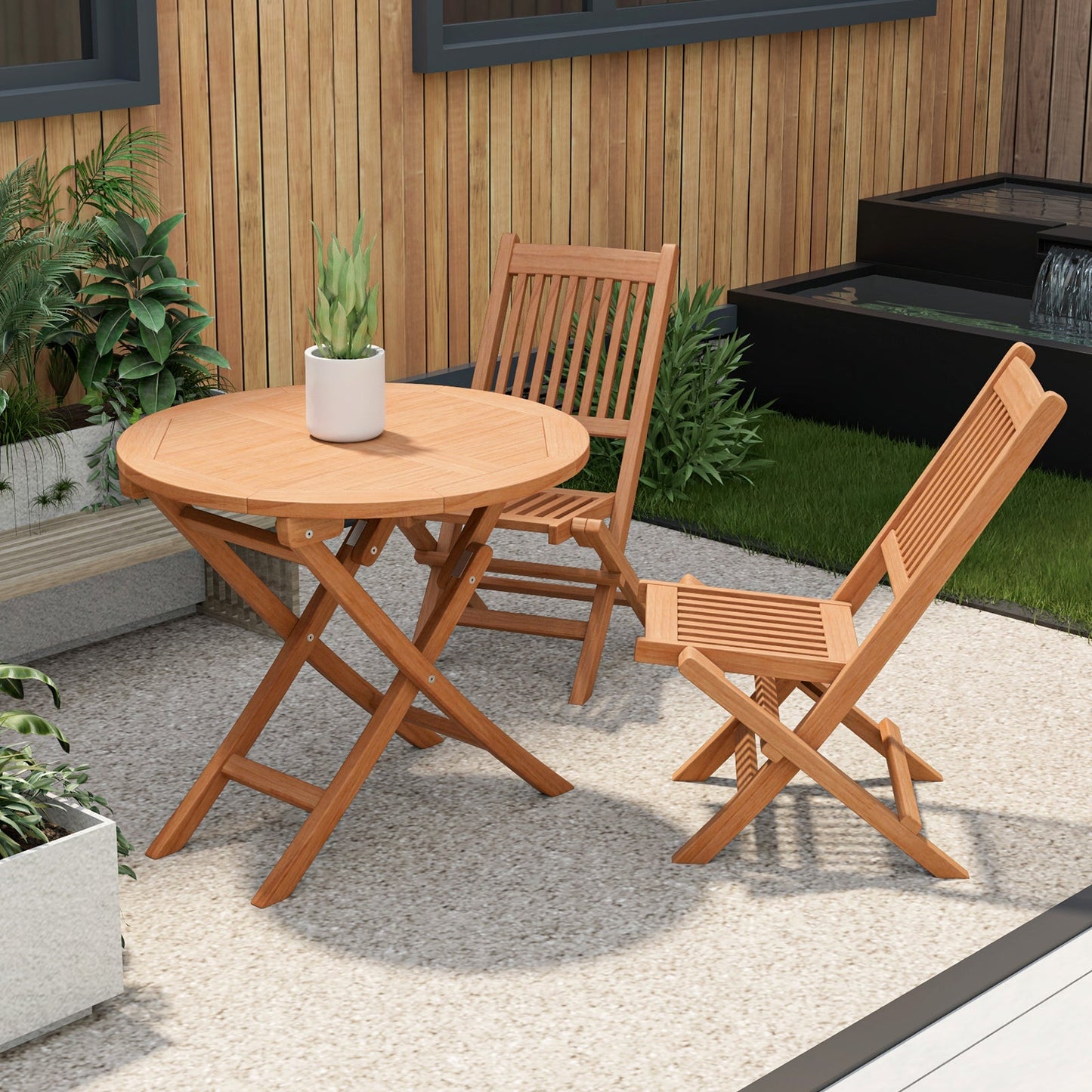 Costway Outdoor Bistro Set with Slatted Seat and Teak Wood Tabletop New - OP71185+OP71186