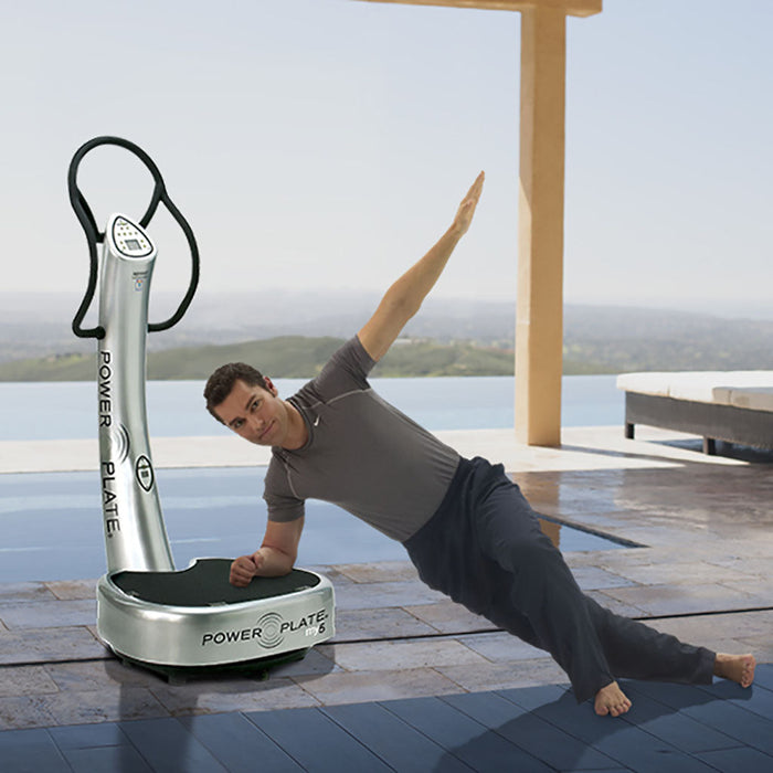Power Plate my5 delivers with Advanced Vibration Technology. This sleek and elegant vibration plate helps you maximize your health in as little as 30-minutes a day, three days a week.  Three frequency options, between 30-40Hz, allow for more customization while the larger plate surface gives you more room to move. Additional features, including pre-programmed quick start buttons, a remote control operating all exercise positions, and a higher max load